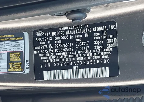 2014 Kia Sorento Lx V6 z USA, uszkodzony, nr VIN 5XYKT4A7XEG516290